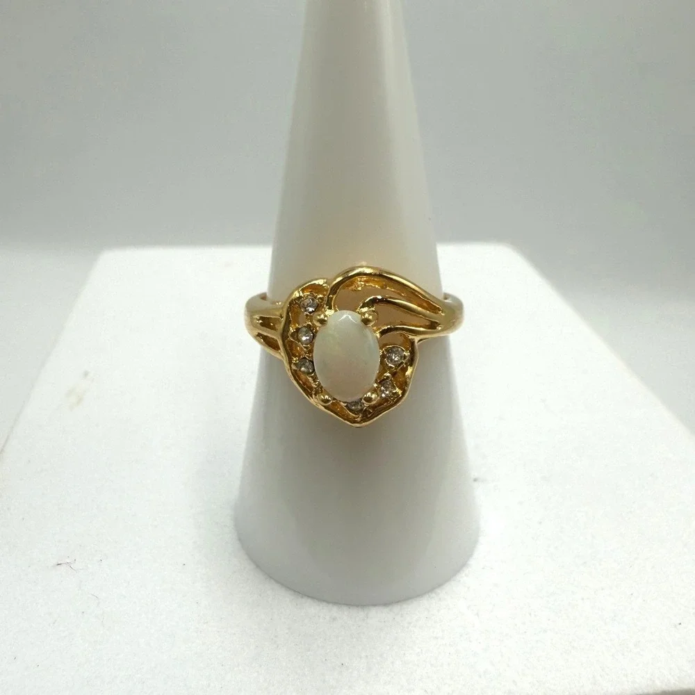Vintage Gold Tone Opal Cabochon Rhinestone Swirl Ring Size 7.75